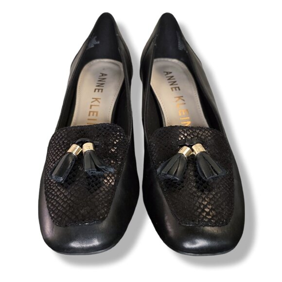 Anne Klein Leather Square Toe 2.5" Block Heel Loafer Slip On Style Pumps - Picture 7 of 11